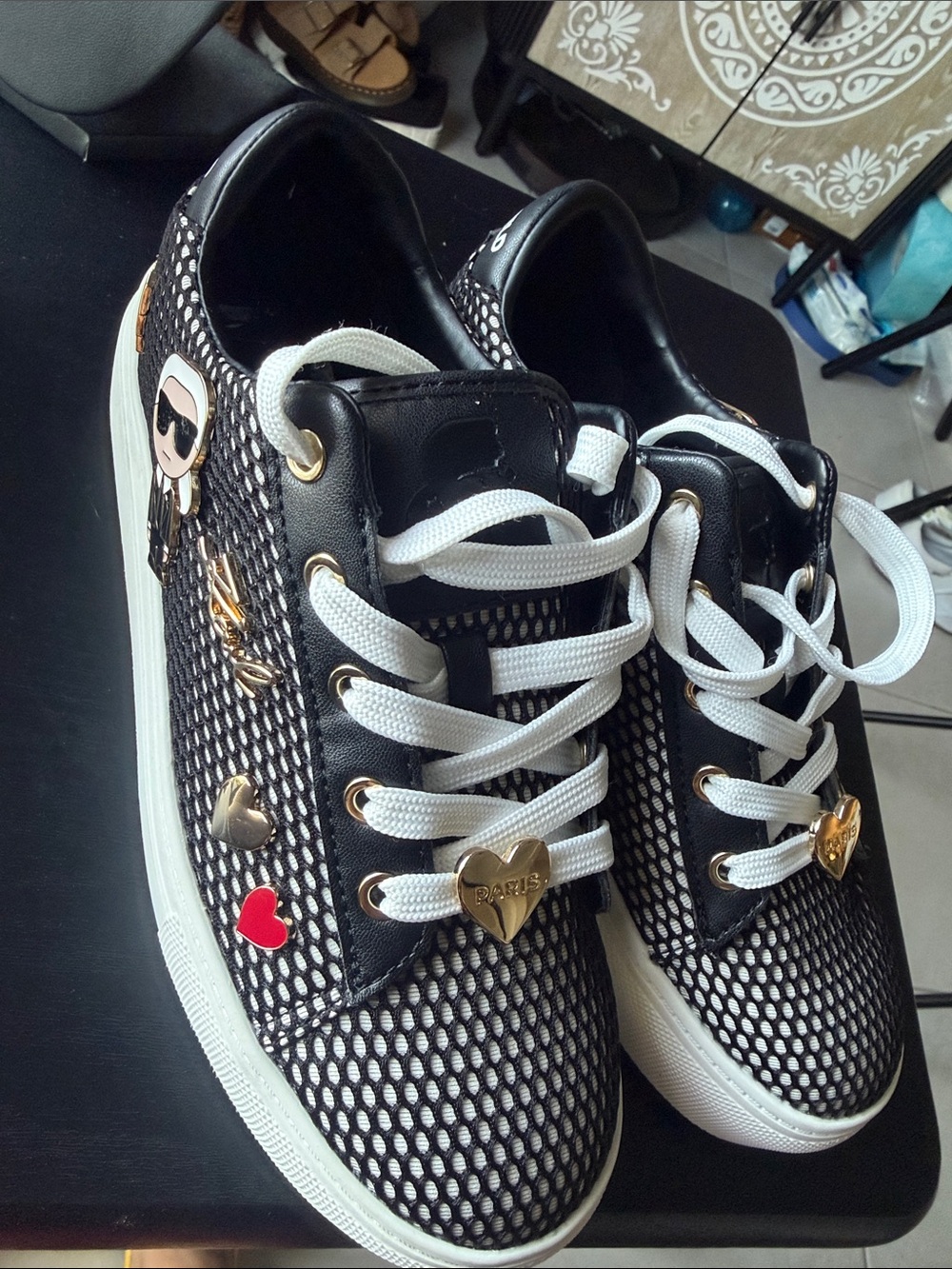 Karl Lagerfeld Black and White Mesh Platform Sneakers with Gold Heart Patch